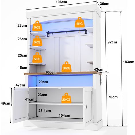 Meuble de rangement cuisine 183 cm, luminaire LED intégré et multiprise, avec placard de provisions, vaisselier vitré et cellier à vin muni de crochets, parfait pour pièce à vivre, salon, espace burea (1/5)