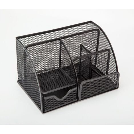 Organiseur de bureau noir avec tiroir et 6 compartiments en filet métallique – Boîte à stylos, rangement pour crayons, blocs-notes, trombones et agrafeuses – Design compact et gain de place