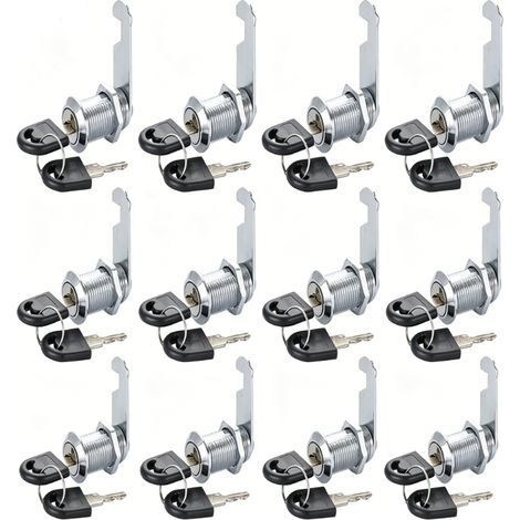 Lot de 12 serrures à came à cylindre métallique 16 mm pour armoire/tiroir, clé identique, 2 clés par serrure