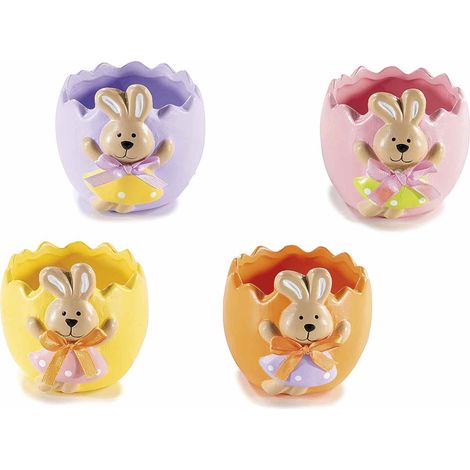 Petits pots œuf en céramique avec lapin de Pâques et nœud, lot de 12, 8 x 8,5 x H. 8 cm
