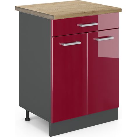 Küchenunterschrank R-Line, Bordeaux Hochglanz, 60 cm , AP Eiche, Vicco