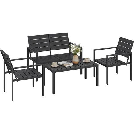 Ensemble de jardin 4 pièces comprenant une table basse, un canapé 2 places et 2 fauteuils, en PEHD et métal noir.