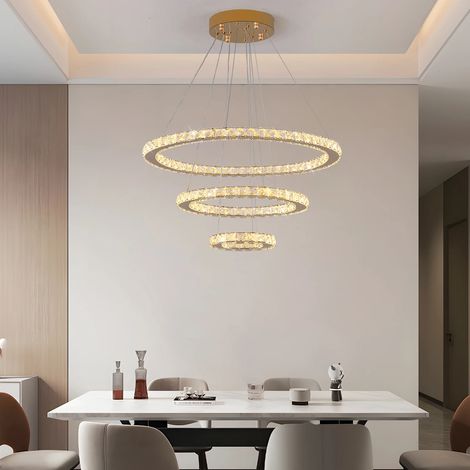 Lustre 3 anneaux – Or – Dimmable télécommande – Salon/cuisine – Cristal luxe (1/5)