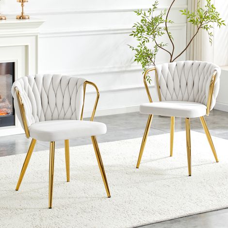 REDOM - Chaise de salle à manger en velours, dossier tressé, assise rembourrée, pieds en métal doré, beige et or (1/5)