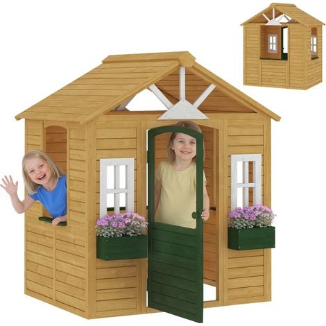Maison de jeu extérieure en bois marron avec porte, trois fenêtres et deux bacs à fleurs, pour enfants de 3 à 8 ans, 134,5 × 97 × 150 cm (1/5)