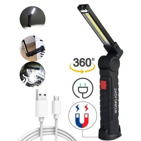 Lámpara de trabajo LED - Recargable por USB - 3W - Giratoria 360° - LED COB - Magnética - Linterna - Negra