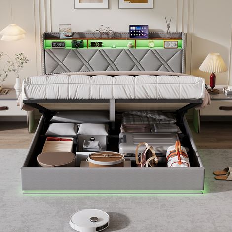 Lit coffre 160x200cm, lit adulte 160x200, lit 160x200 avec sommier LED et USB, tête de lit capitonné avec rangement ouverte, design rivets, Lin Gris foncé (1/5)