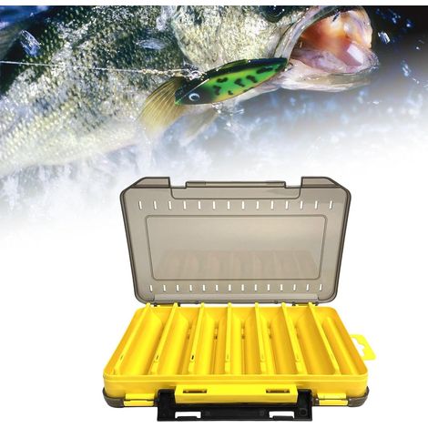 Scatola porta esche a doppia faccia – Trasparente, impermeabile, leggera – Organizzatore con 14 scomparti, foro di drenaggio e scomparto per accessori da pesca, gialla