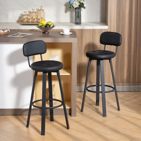 Ensemble de 2 tabourets de bar - cadre métallique - noir - housse en faux cuir - siège rembourré - repose-pieds - dossier - Qualité