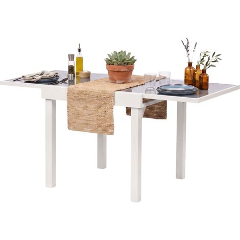Mesa Exterior Extensible Piazza, Jardín Terraza, Aluminio y Cristal Templado Blanco 90-180x90x76 cm (1/5)