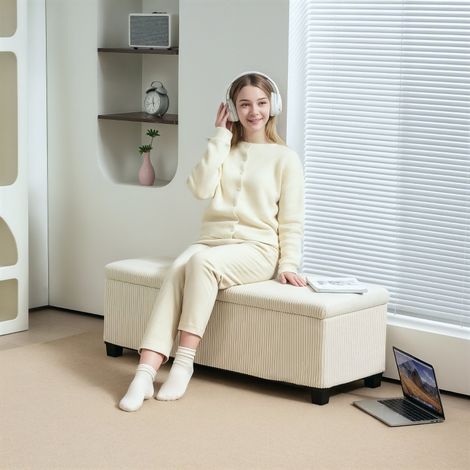 Panca Contenitore con Seduta Imbottita e Vano Portaoggetti Nascosto, Struttura in Acciaio, Poliestere Beige (1/5)