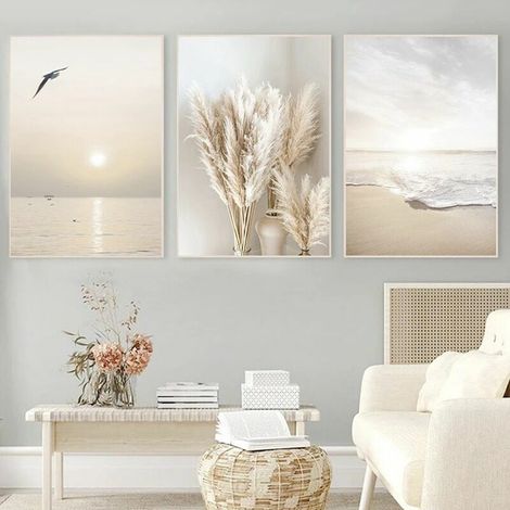 Ensemble de 3 élégantes affiches murales pour le salon - Images décoratives pour la chambre - Coucher de soleil - Plage - Sans cadre (30 x 40 cm) (1/4)