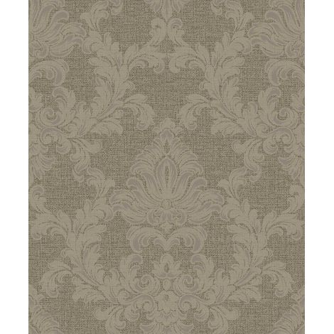 Papier peint baroque médaillon bronze fond taupe