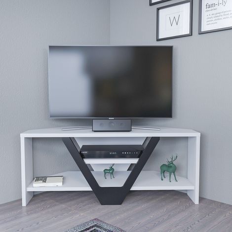 Decorotika Karin 90 Cm Wide Modern Corner Meuble TV  Corner Meuble TV -Open Shelf Lowboard Up To 40 TVs - Noir And Blanc (1/5)