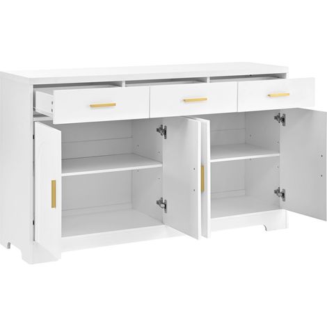 Weiße MDF-Kommode mit 4 Türen, 3 Schubladen und verstellbaren Regalböden, 140 x 40 x 83 cm (1/5)