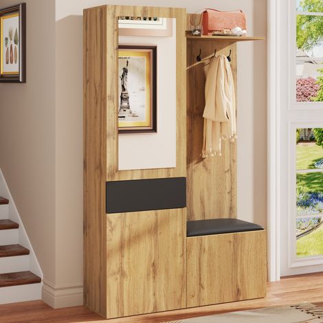 Garderobenset aus MDF in Schwarz und Natur mit 5 Haken, 98,5 x 38 x 191 cm, Spiegel, Schuhschraenken und Sitzflaeche (1/5)