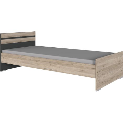 Lit pour enfant coloris Imitation chêne San Remo, rechampis graphite - Longueur 204 x Hauteur 71 x largeur 96 cm -PEGANE- (1/2)