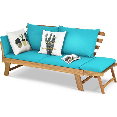Goplus – Canapé lit de jardin extensible 2 places en acacia – Charge 320 kg – Accoudoirs réglables – Coussins amovibles – Dimensions 157-198 x 75 x 75 cm (1/5)