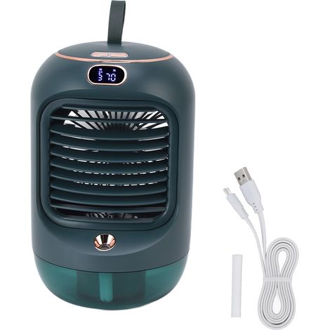 Mini humidificador con aire acondicionado, aromaterapia, 3 velocidades, 5 aspas, conexión USB, luz y función de humidificación.