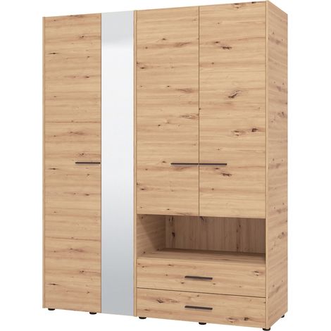 Armario Grande Teana, Dormitorio: 5 Estantes, 3 Cajones, Perchero, 161x205.5h cm Roble Nodo Marrón