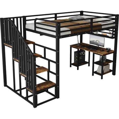 CHICFURN Cama alta infantil 120x200 cm de metal y madera negra con escritorio, sin colchón (1/5)