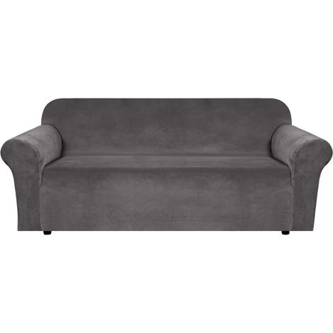 Housse canapé extensible velours 3 coussins, protection douce base élastique antidérapante, velours épais (72''-90'', gris) (1/5)