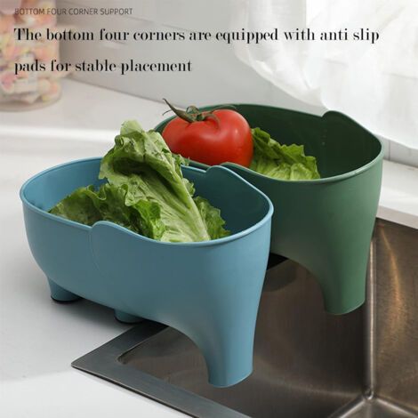 Un ensemble de quatre paniers égouttoirs à légumes et fruits - motif éléphant, disponible en plusieurs couleurs (bleu, gris, vert, rose), adaptés pour égoutter les pâtes, les nouilles, etc. (1/3)