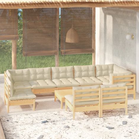 10-tlg. Garten-Lounge-Set mit Creme Kissen Massivholz Kiefer (1/5)