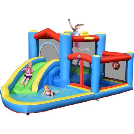 COSTWAY Castello Gonfiabile per Bambini, Casa Gonfiabile con Scivolo, Area per Saltare, Piscina, con Borsa di Trasporto e Kit di Riparazione, per 3 Bambini di 3-12 Anni, 410 x 310 x 191 cm