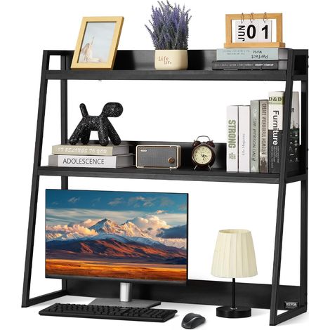 Étagère à Poser sur Bureau à 2 Niveaux, Bibliothèque de Bureau 95 x 32 x 90 cm, Organisateur de Bureau avec Pieds Antidérapants, Support de Rangement Stable pour Maison Dortoir, Noir (1/5)