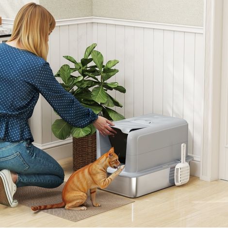 Caja de arena para gatos de acero inoxidable con filtro y pala, 40,5 x 60,5 x 41,5 cm, gris HAVRYA (1/4)