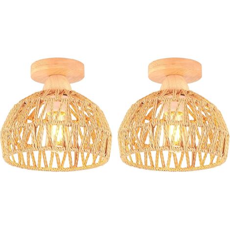 2 Pack Plafonnier, Design Vintage, Structure Bois Et Rotin, Douille E27, Pour Salon Chambre Couloir (1/5)