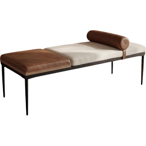 Wahson Modern Daybed, End of Bed Bench with Wooden Tray Metal Legs Leather and Chenille Fabric Window Seat for Bedroom Living Room, White