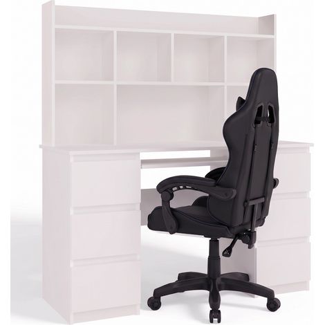 Set: scrivania per computer con ripiano sopraelevato e sedia gaming con schienale reclinabile, Bianco opaco / Nero, 130 x 51 x 146 cm (1/5)
