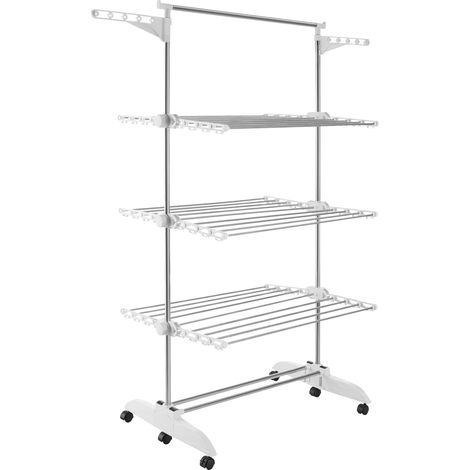 Etendoir Linge Interieur et Exterieur Pliable 14 cm – 5 Niveaux et 58 Crochets pour cintres – Jusqu’à 40 kg – Séche 24 Barres INOX – Intérieur et extérieur – roulettes pivotantes avec Frein (1/5)