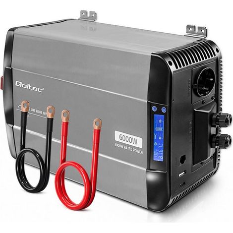 Convertidor de voltaje de onda sinusoidal pura Qoltec  12V a 230V  3000/6000W  LCD  USB  USB-C  Compatible con LiFePO4 GEL