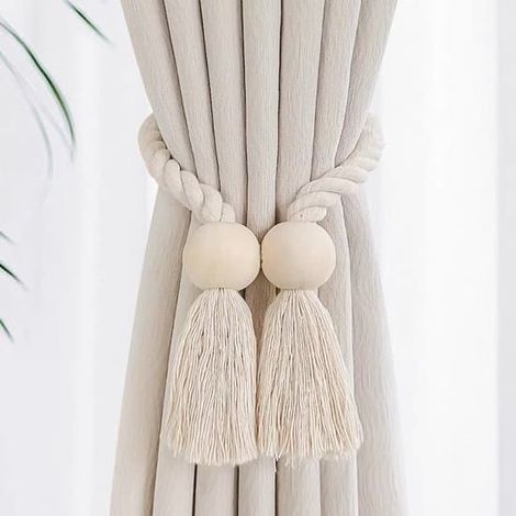 Embrasses magnétiques pour rideaux, lot de 2 - Perles en bois avec pompons - Style bohème - Sans perçage - Bois naturel - Beige - 4 (1/5)