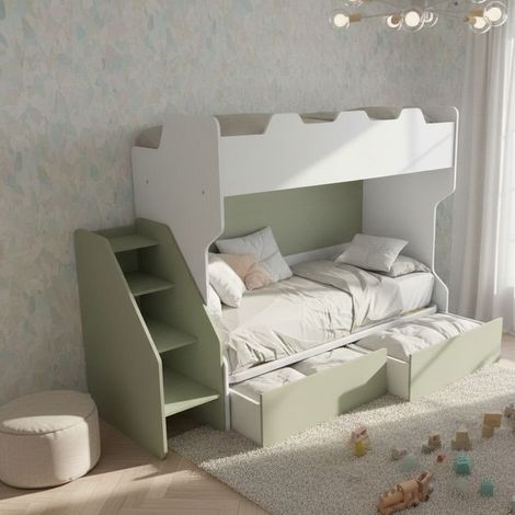 Letto a castello salvaspazio con terzo letto estraibile e scala laterale - Ideale per camerette - Bianco e Salvia