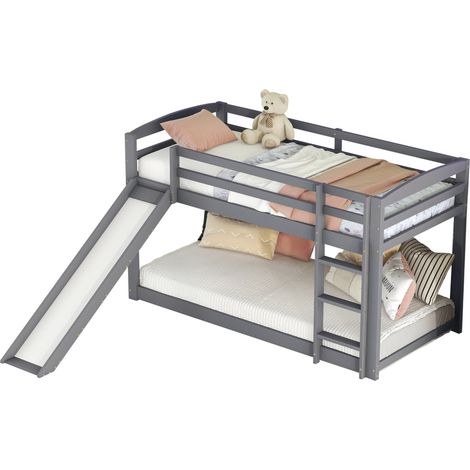 Lit superposé enfant avec toboggan, échelle réversible, cadre en bois, pour 90x200 cm, blanc, montage facile CHICFURN (1/5)