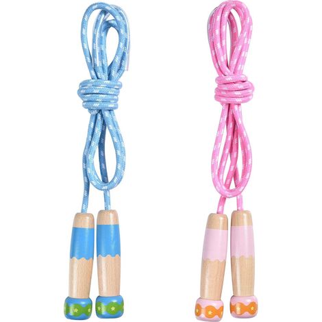 Corde à sauter enfant 2 pièces bleu et rose, corde ajustable antidérapante, poignée en bois, corde en coton tissé, fitness filles garçons, jeux école extérieur (1/5)
