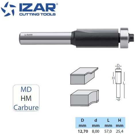 fraise affleureuse droite carbure Izar 12.7mm avec roulement guide copieur