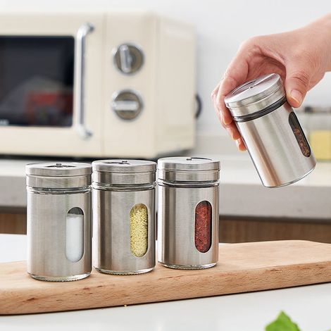 12 Pièces Boîtes à Épices avec Couvercle Pivotant,Bouteille d'assaisonnement en Acier Inoxydable,Pot Epices Set epices Cuisine,pots à épices pour Thé, sel et poivre (1/5)