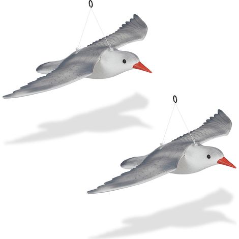 Set de 2 Gaviotas Espantapájaros, Ahuyentador Palomas Colgante Decorativo, Anillo y Cuerda, Jardín y Balcón, Blanco/Gris