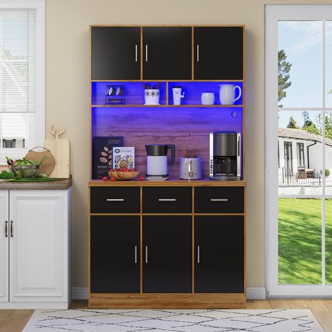 MEUBLIV Buffet 100x40x180 cm naturel et noir – LED APP, prises et rangement modulable (1/5)