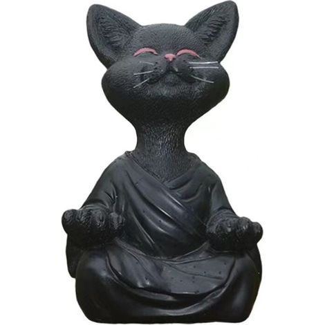 Meditationsstatue, Katzenstatue, Zen-Yoga-Dekoration, Figur, Kunstharz, Meditation, Yoga-Dekoration, Feng-Shui-Ornament, Skulptur, Sammlung, Kunsthandwerk, Rasen- und Gartendekoration (klein, schwarz) (1/4)