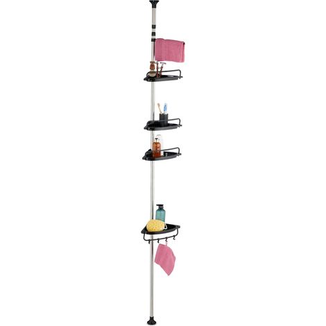 Relaxdays Estantería Ducha Telescópica, Alto 99–311 cm, Rinconera Baño sin Taladro, 4 Baldas, Esquinera, Toallero, Negro