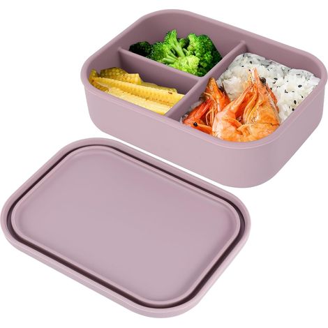 Boîte à déjeuner avec compartiments, en silicone 800 ml, sans BPA, anti-fuite, incassable, passe au lave-vaisselle et au micro-ondes (rose) (1/5)