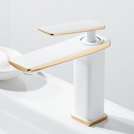 Bathroom basin mixer tap, single hole single lever brass faucet, cold and hot water faucet, white gold