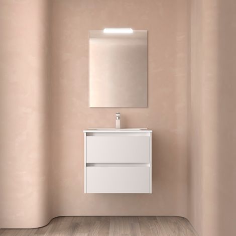Badezimmermöbel NOJA 600 2 Schubladen WHITE SATIN + Waschtisch + Spiegel