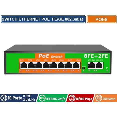 SWITCH POE ETHERNET 10 PORTE 8 PORTE POE + 2 PORTE UPLINK RJ45 10/100 MBPS IEEE 802.3AF / AT (1/2)